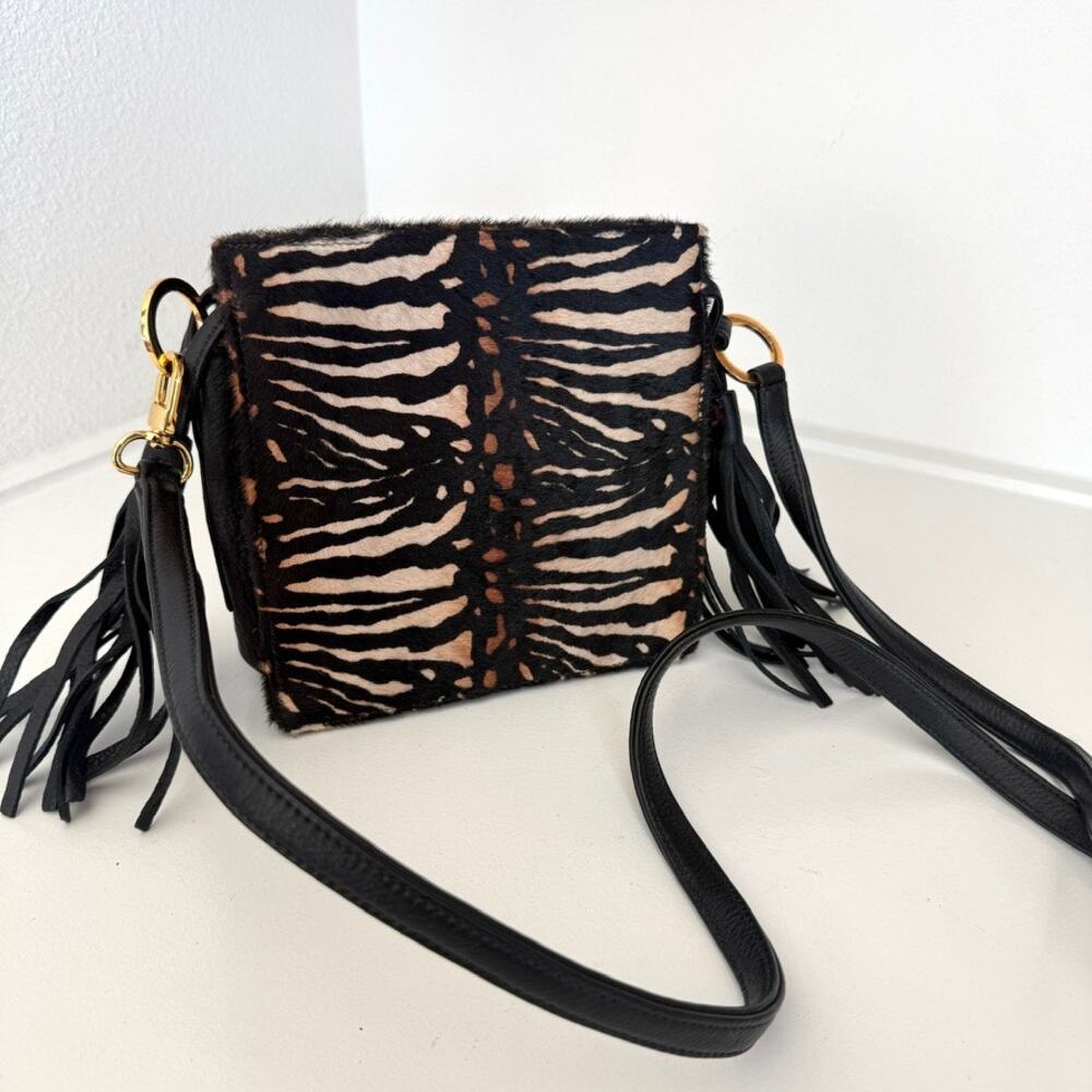 Kelly Wynne Zebra Haircalf Crossbody Fringe Bag Black‎ Tan Gold Hardware